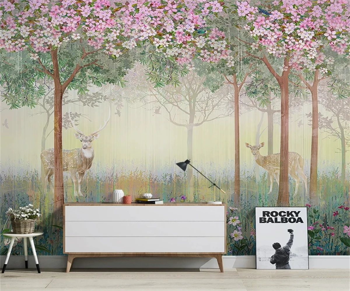 

Индивидуальные обои в скандинавском стиле, ручная роспись, изображение лесного оленя, индивидуальное настенное панно для кабинета или спальни, фоновое настенное панно, обои.