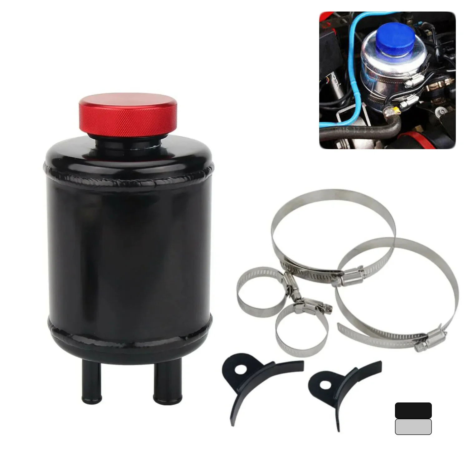 Black Silver Fuel Cell Surge Tank Power Steering Oil Catch Can Tank Racing Power Steering Fluid Reservoir Tank Clamps