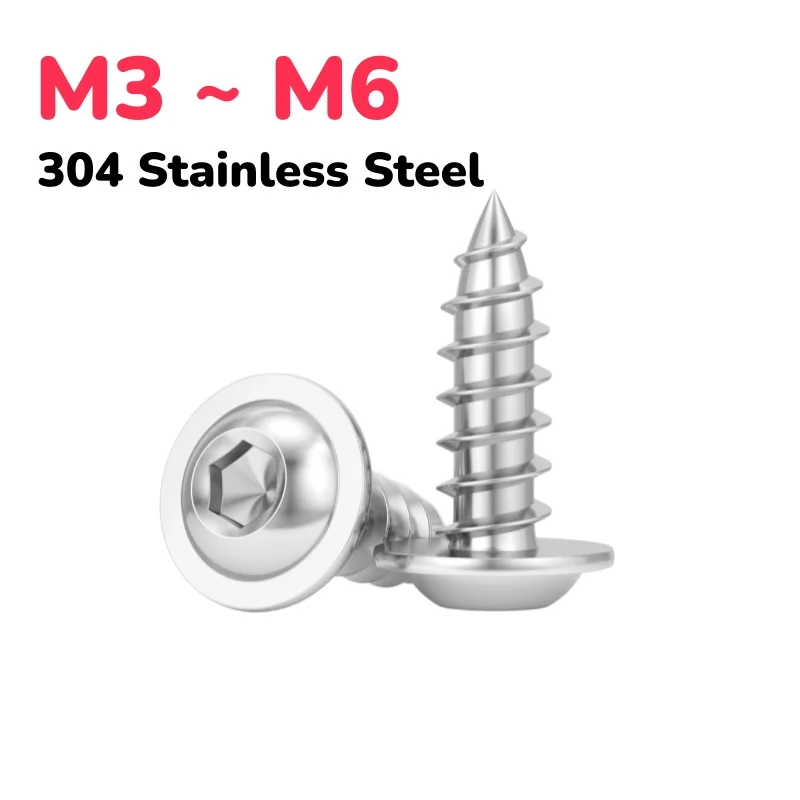 304 Stainless Steel Hex Socket Button Head Screws M3 ~ M6 Round Head Allen Tapping with Washer Wood Screw Length 6~60 mm