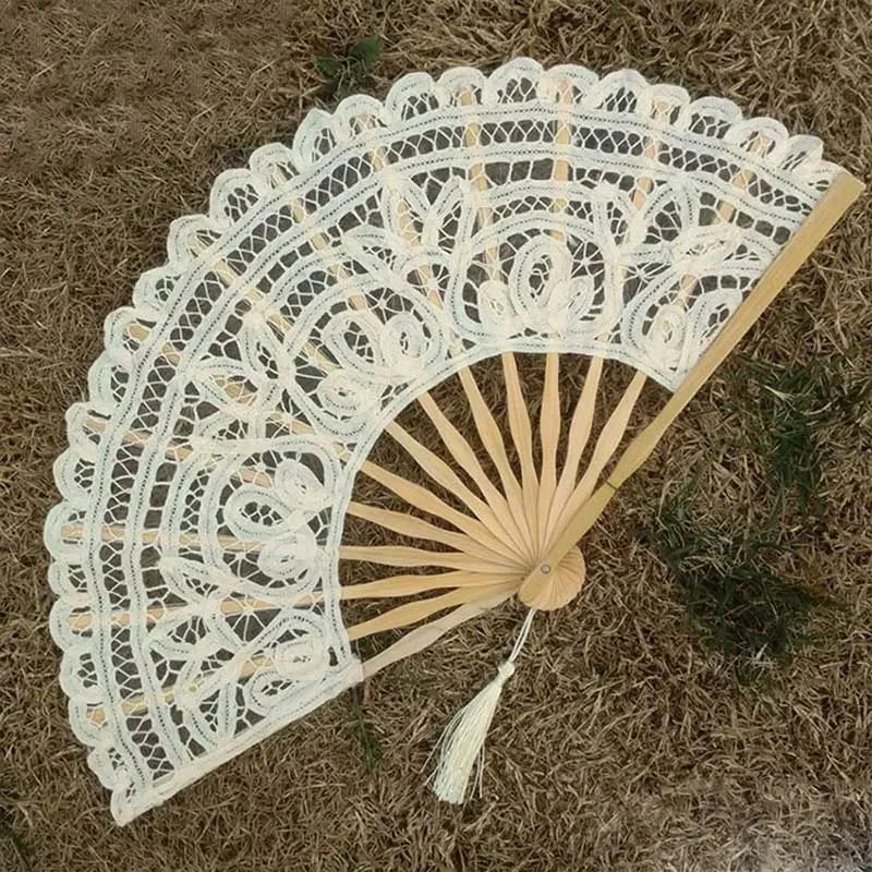 1Pcs  Chinese Dance Hand Fan Party Wedding Prom Bamboo Hand Folding Lace Fabric Retro Craft Gift Fan Home Decoration