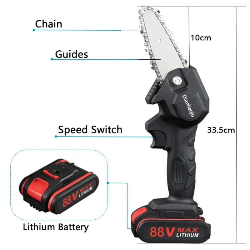 1080W 4/6 Inch 88VF Mini Electric Chain Saw with Upgraded Battery Rechargeable Woodworking Pruning One-handed Saw Garden Tool