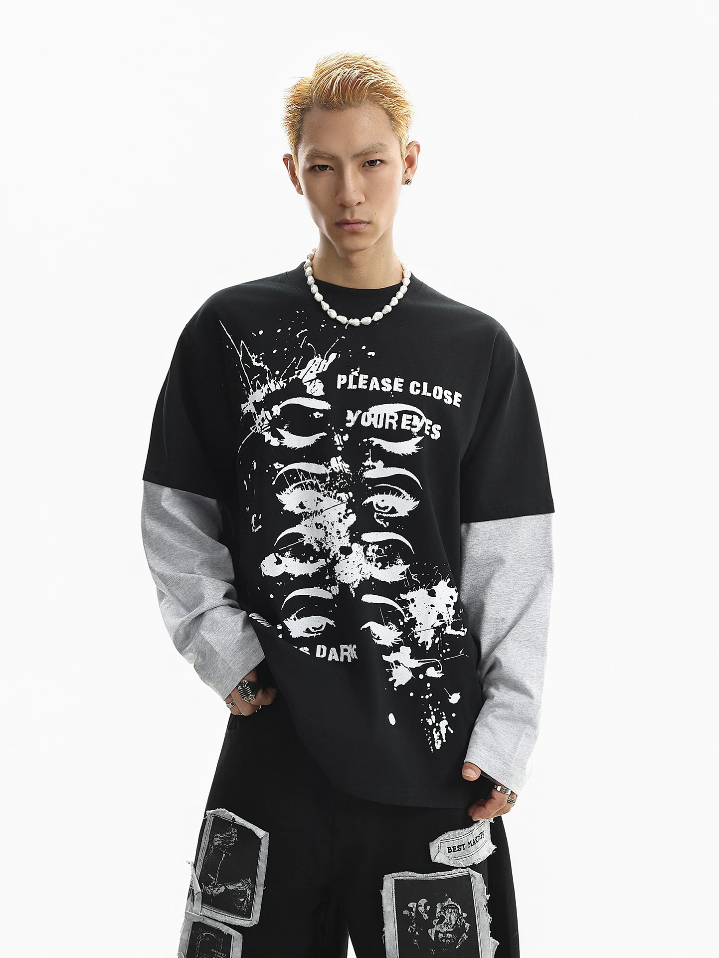 

BETEBULE American Style Long Sleeve T-Shirt Men's Spring Loose Printed round Neck Personality Fake Two-Piece Top