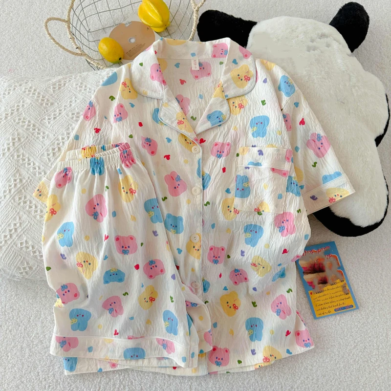 

Y2K красочный медведь сладкий принт ночная одежда для женщин короткие летние новые корейские кавайные женские пижамы повседневные тонкие модные пижамы