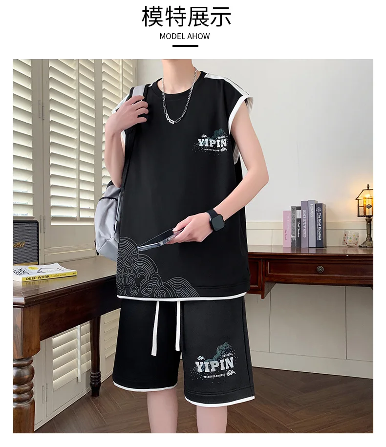 2025 Summer Ice Silk Men's Workout Set  Cooling Sleeveless Top & Shorts Two Piece Athletic Gym Running Breathable Outfit