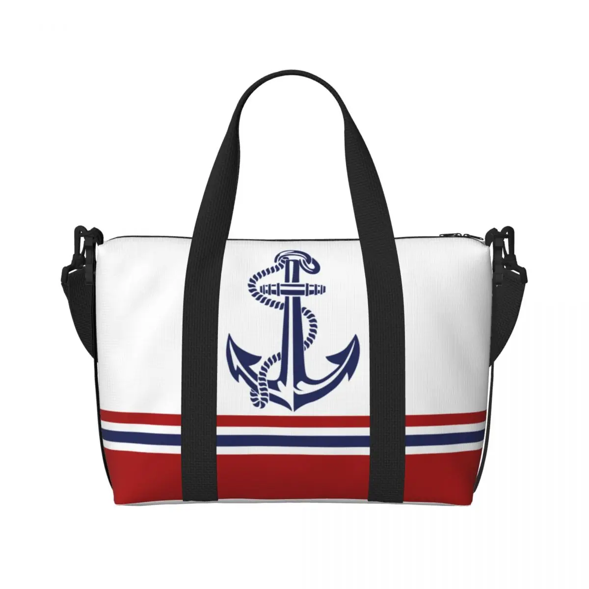 Custom Large Navy Blue Stripes Nautical Anchor Tote Bag Women Shopper Shoulder Gym Beach Travel Bag