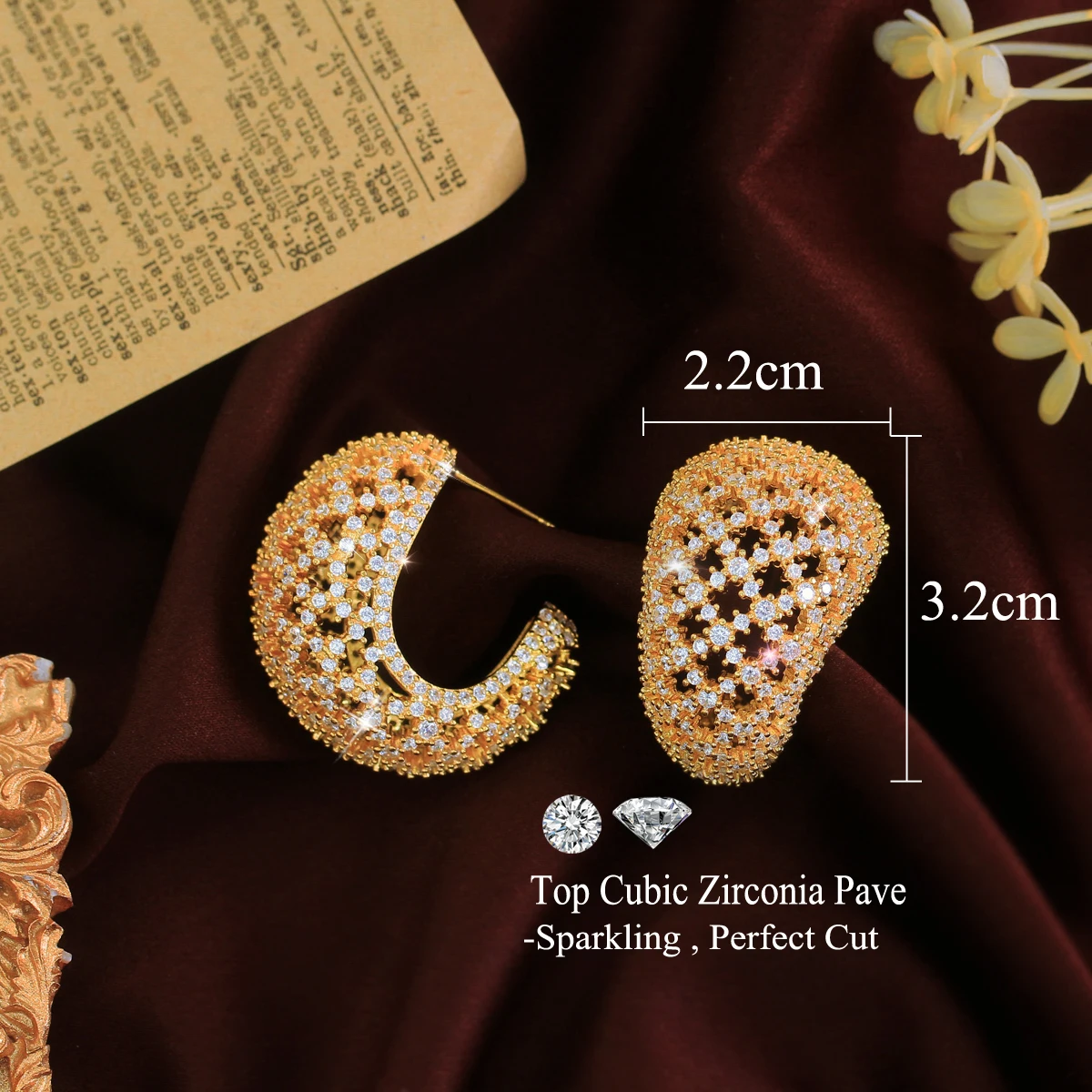 CWWZircons Neue Mode Zirkonia Große Auffällige Halbkreisförmige Creolen für Frauen Einzigartiger Hochzeitsschmuck Großhandel E1218 – Detail 1