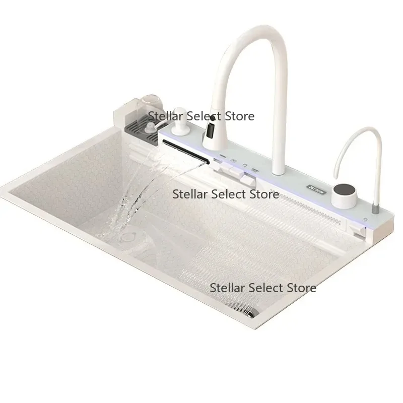 Complete Whole Set Waterfall White Kitchen Sink Stainless Steel Sinks Big Single Bowl with Dish Rack Under Mount Sinks