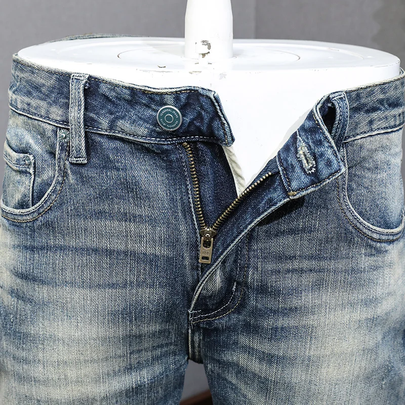 Streetwear Fashion Men Jeans High Quality Retro Blue Elastic Slim Fit Ripped Jeans Men Trousers Vintage Designer Pants Hombre