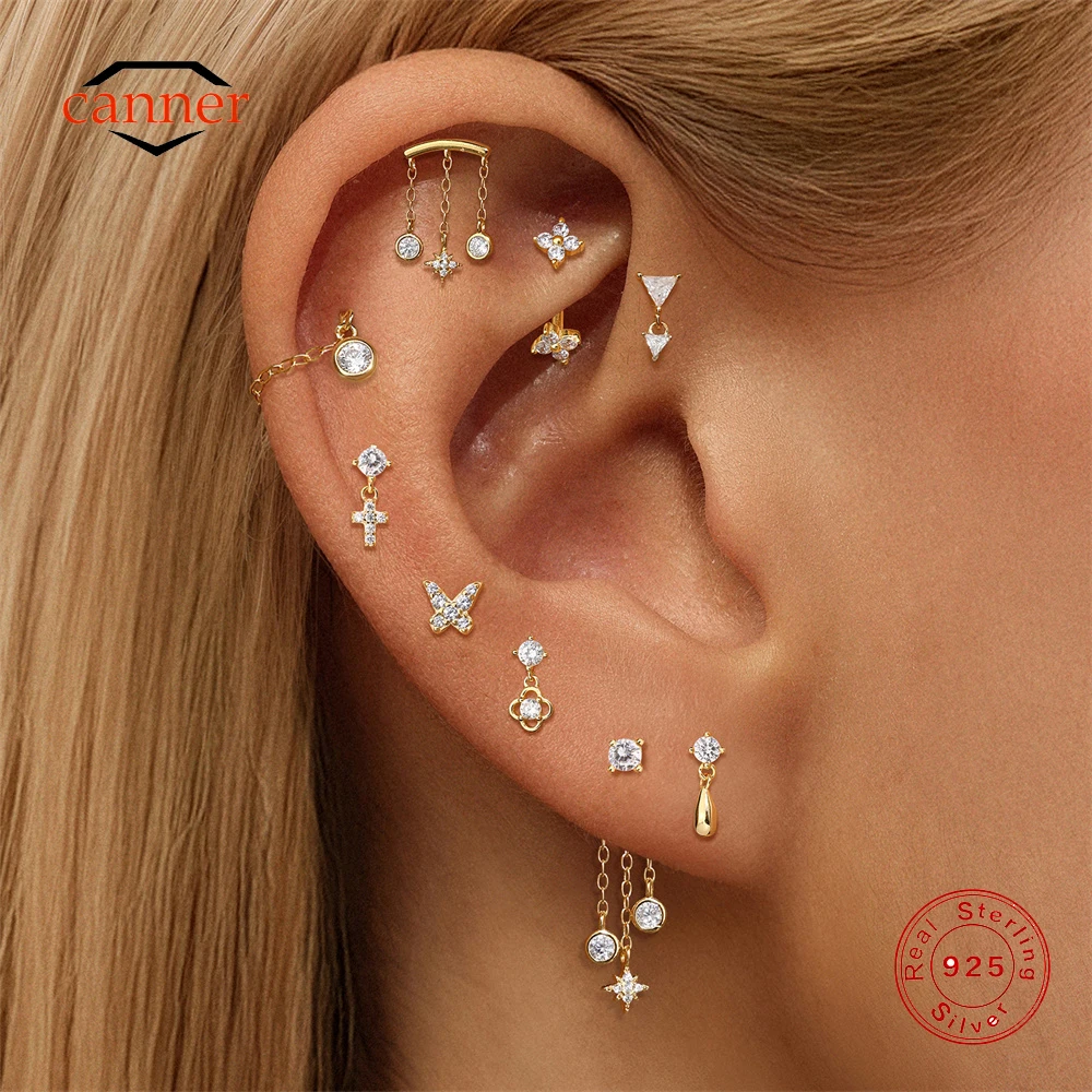

CANNER 1PC 925 Sterling Silver Tassel Octagonal Star Flat Head Puncture Earring For Women Ins Cross Butterfly Piercing Earrings