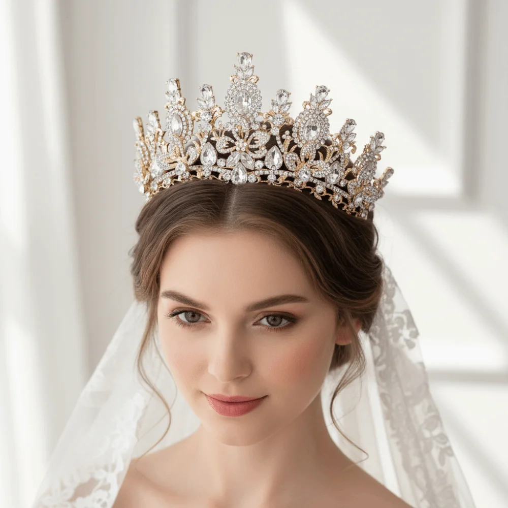 Princess Diadem Handmade Bridal Tiara Exquisite Luxurious Crystal Crown Ornate Metallic Baroque Headpiece Bridesmaid