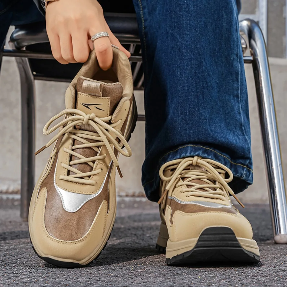 Men High Top Mixed Material Sneakers Lace Up Thick Sole Non Slip Wear Resistant Outdoor Sports Walking Footwear Street Daily Use