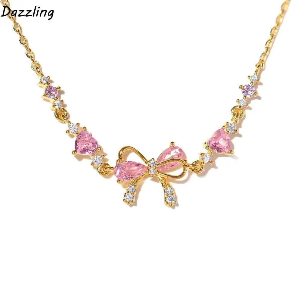 

Staggered Design Pink Zircon Bow Bracelet Love-heart Ornaments Pink Zircon Bowknot Bracelets Adjustable Gilded