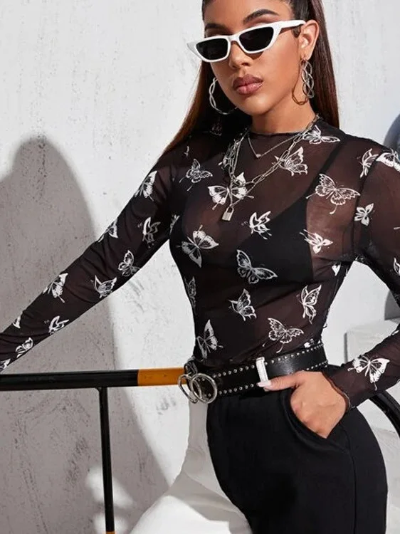 

Сексуальная круглая женская футболка Ne Long Sve Me с прозрачным принтом irt Slim Fit European Sle Faionable Thi Material