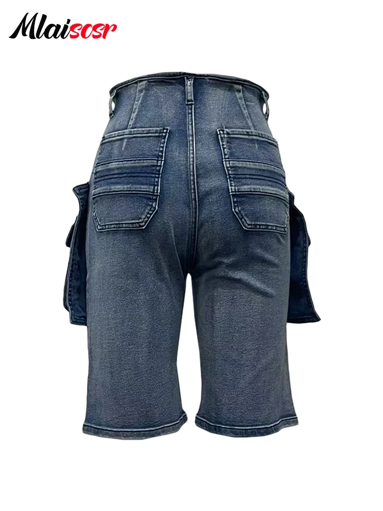 Mlaiscsr Vintage Pocket Cargo Straight Wide Leg Jeans Blue Denim Knee Length Pants Shorts Women Streetwear Trousers Bottoms y2k