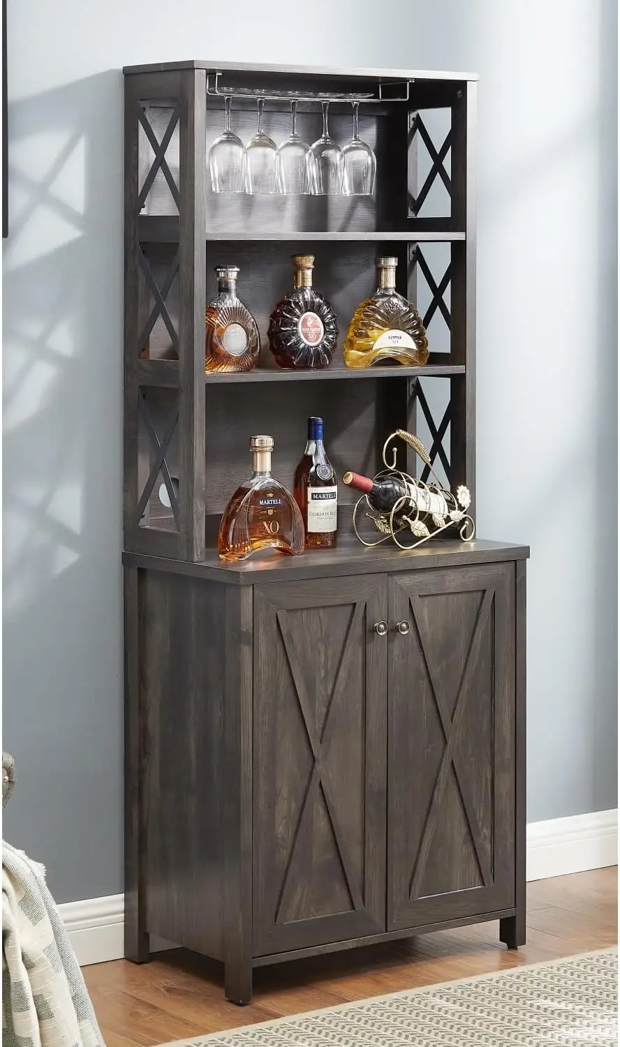 Wine Bar Cabinet With Wine Glass Rack, Wood Frame, Farouse-Style, Home Beverage Center