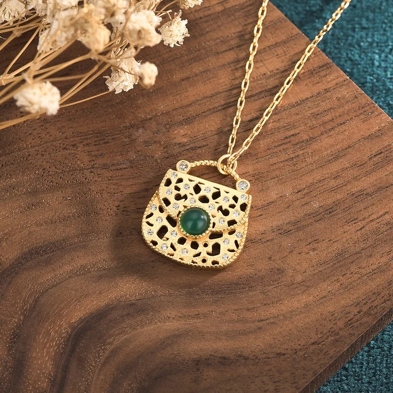 New Small Lock Bag Necklaces Women Copper Gold-Plated Full Zircon Inlaid Natural Green Jade Bead Pendant Fashion Jewelry 16*18MM