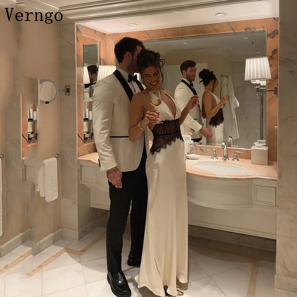 Verngo lvory Satin Evening Dress Halter Mermaid Formal Occasion Dresses Sexy Backless Black Lace Prom Party Gown Customizd