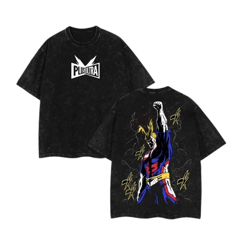 

Washed Black Oversized Unisex Tee, White Letter Graphic & Blonde Superhero Lightning Anime Print, Soft Cotton Daily Street Tee