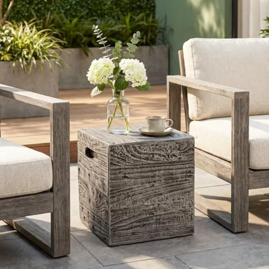 

Wooden Outdoor Side Table Square MgO Concrete End Patio Side Table Lightweight Cylinder Top Plant Stand with Square Base for Ga