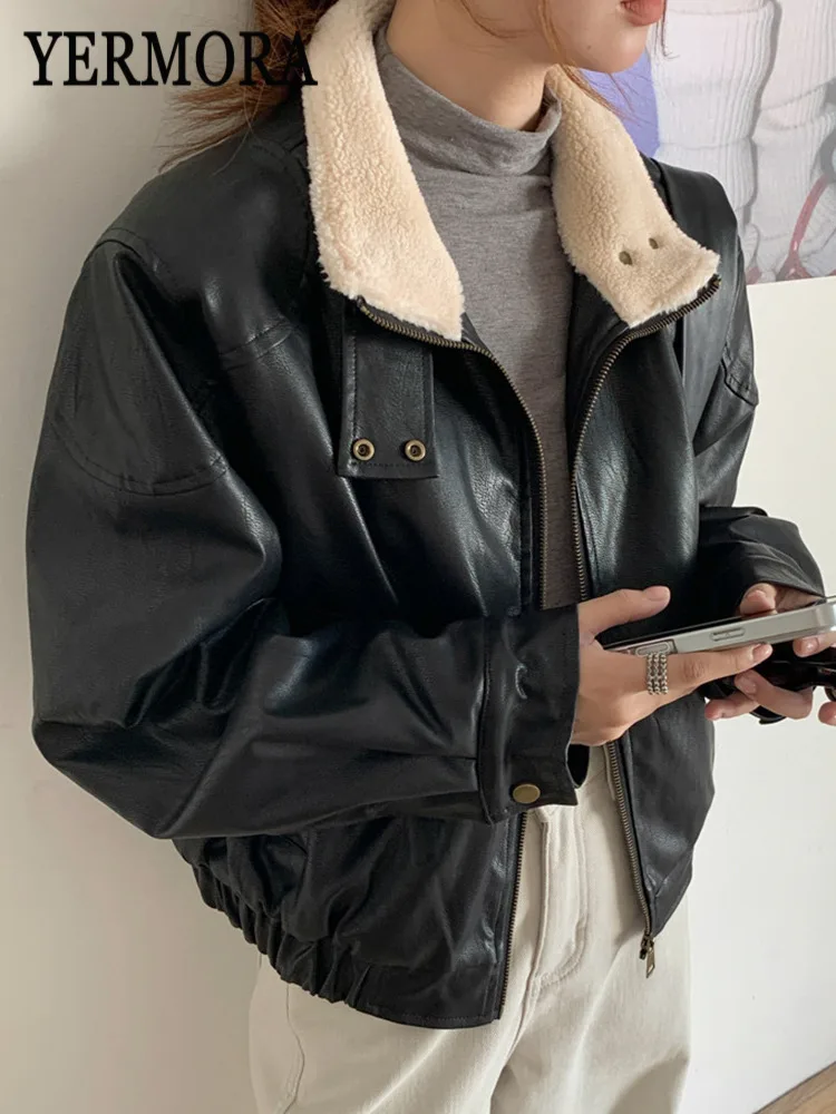 YERMORA 여성용 블랙 PU 가죽 캐주얼 재킷 여성용 라펠 긴 소매 루즈핏 신상 코트 패션 트렌드 가을 겨울 2025