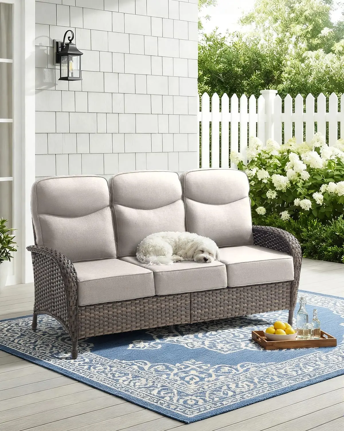 High Back Wicker Sofa With 6-Inch Cushions, Heavy Duty 3-Seater Outdoor Furniture For Porch Balcony Poolside Garden, Customized
