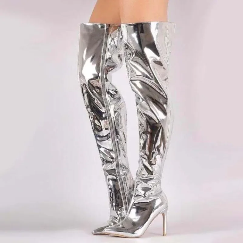 

Women Sexy Silver Mirror Thigh High Boots T Show Pointy Toe Club Party Shoes Thin High Heels Over The Knee Long Boots for Women