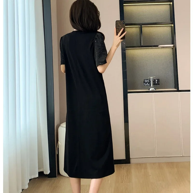 2025 Summer Women Casual Daily Joker Black Loose Midi Dress Lady Cozy O-Neck Short Sleeve T Shirts Dresses Split Ruffle Clothing