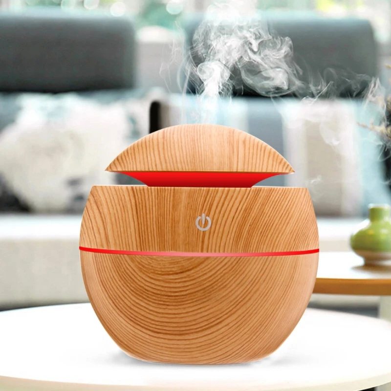 [1pc LED Air Humidifier Diffuser] 1pc YAIAWISU Hollow Wood Grain LED Air Humidifier, USB Powered Essential Oil Diffuser with 7 C