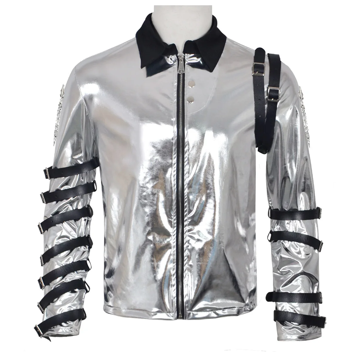 Chaqueta plateada metálica brillante para hombre, abrigo con cremallera y correa negra, disfraz de Punk Rock para espectáculo en escenario, disfraz de Halloween para fanáticos de la música