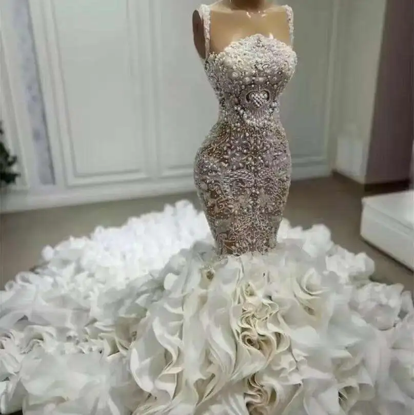 Customized African Unique Bride Luxury Mermaid Wedding Dress Sweetheart Beaded Pearl Tiered Ruffles Train Mermaid Bridal Gowns