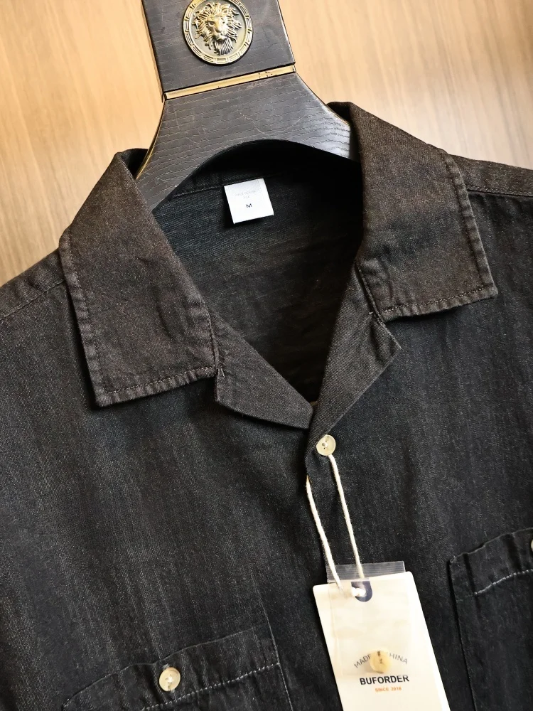 Retro American Style Men's Shirt Loose Fit Short Sleeve Cuban Collar Black Denim Breathable Comfortable Fashion Urban Youth S...