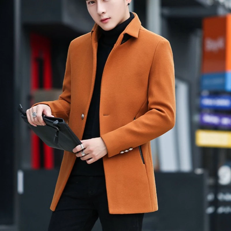 

2025 Autumn Winter Woolen Jacket Men's Medium Long Windbreaker Korean Thickened Warm Slim Fit Casual Business Wool Blends Coat