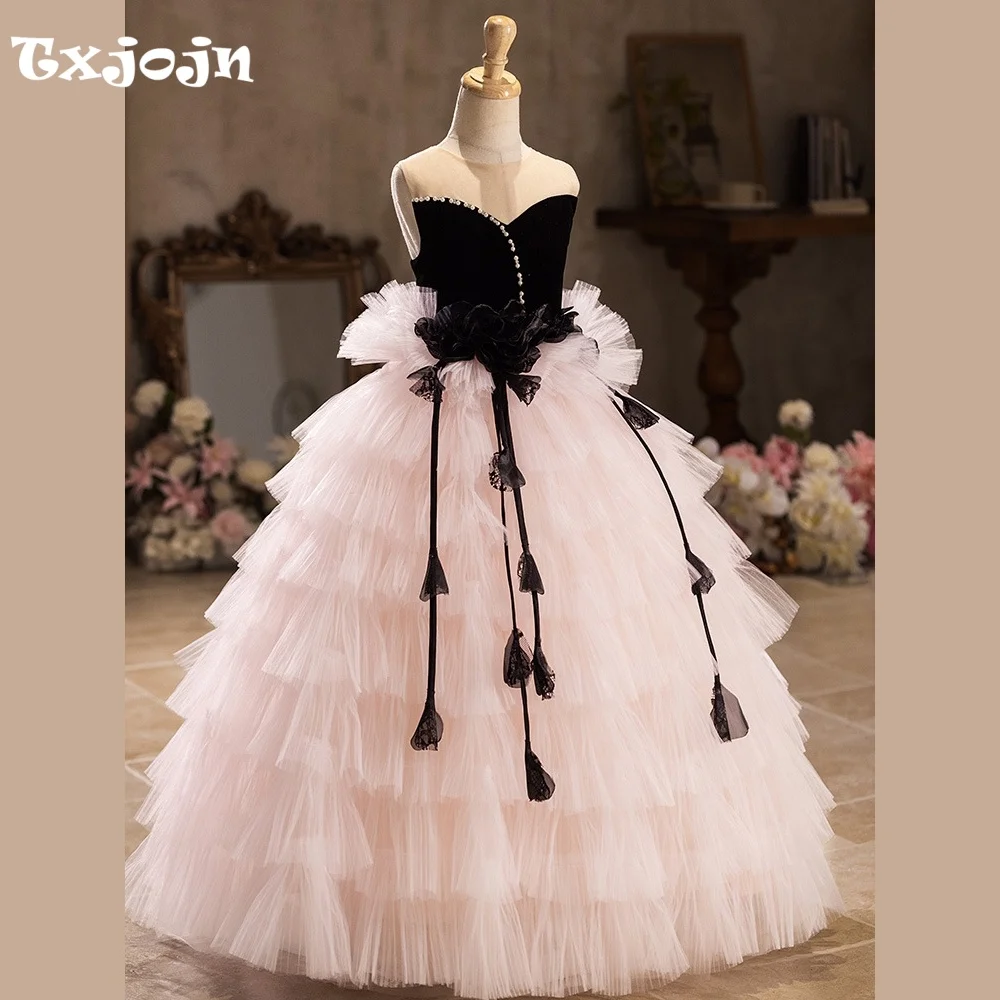 High-end Girl's Ball Gown Wedding Flower Girl Tiered Mesh Princess Dress Toddler Teens Child Vestido Birthday Clothes 5-14Y