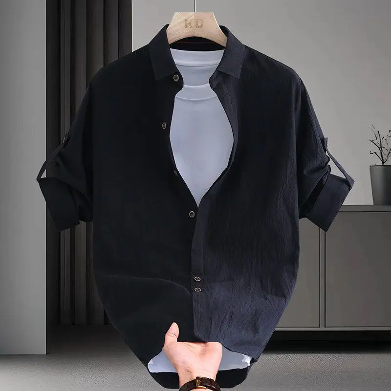 반팔 셔츠 남성 여름 블루 얇은 통기성 캐주얼 다용도 셔츠 남성 단색 중간 소매 셔츠