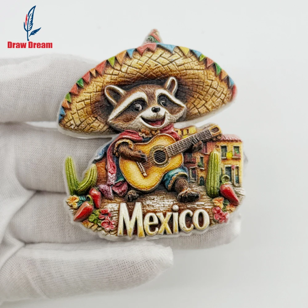 1Pc Mexican Sombrero Raccoon Creative 3D Refrigerator Magnet World Travel Souvenir Collection Suitable for Home and Office Decoration, Personalized Exclusive Travel Souvenir Magnetic Refrigerator Magnet, Home Decoration, Kitchen, Room, Office, Cabinet Crafts, Gifts, Holiday Souvenirs, Exquisite Small Gifts