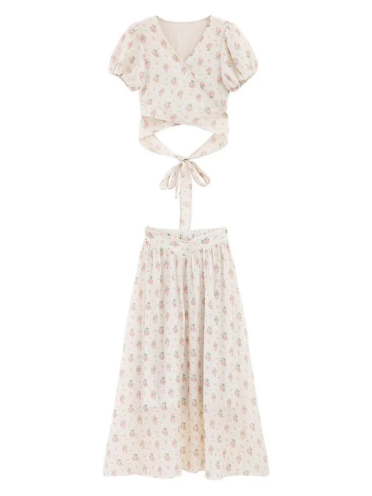 Women Polka Dot V-Neck Puff Sleeve Blouse & High Waist Midi Skirt Set Elegant Summer French Style Two Piece Outfit for Vacation
