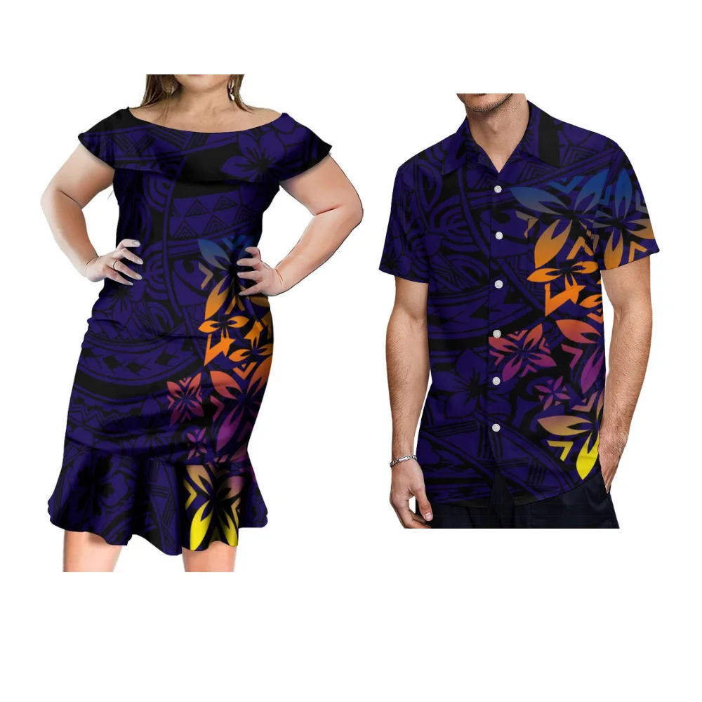 

Ethnic Style Polynesian Tribal Print Custom Casual Couple Dress Women's One-Shoulder Fishtail Skirt Paired With Men's Shirt