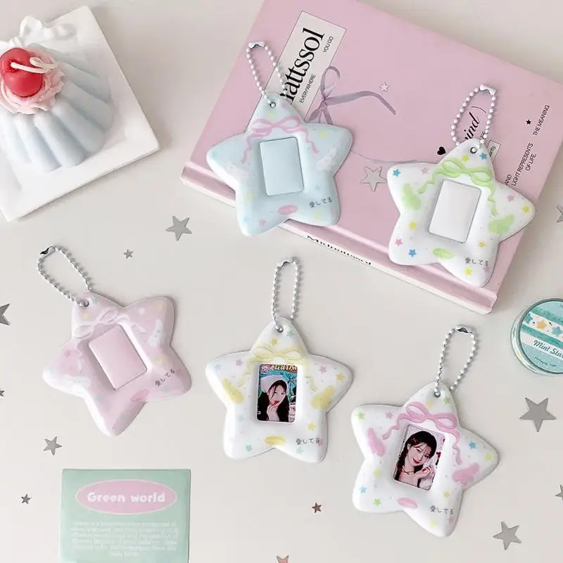 Transparent PVC Star Kpop Photocard Holder Keychain Hollow Card Case For 1 Inch ID Photo Cards Cute Pendant Card Holder Case