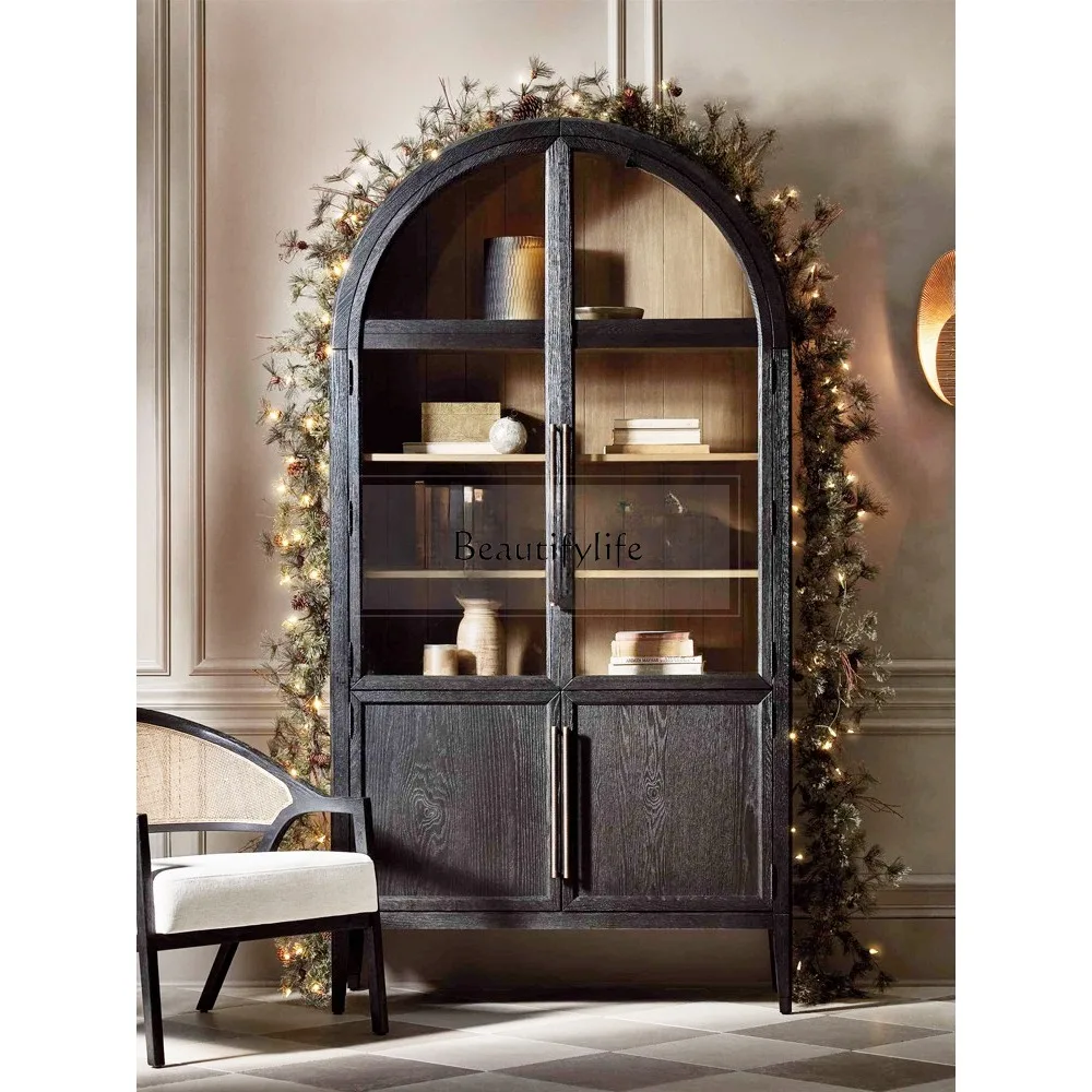 

French Solid Wood Arched Bookcase American Retro Glass Door Storage Sideboard Cabinet Black Curio Cabinet