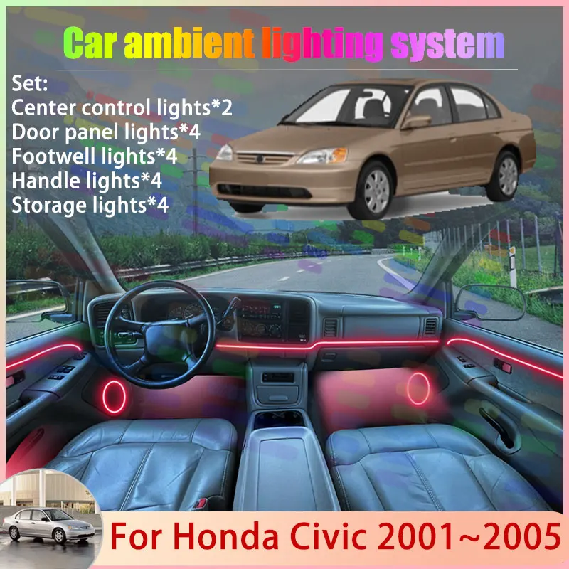 

Для Honda Civic Ferio MK7 2001 ~ 2005 EU ES EP EM 2/18 в 1, автомобильная атмосферная лампа, RGB абажур, ансамбль, стример, атмосферный набор