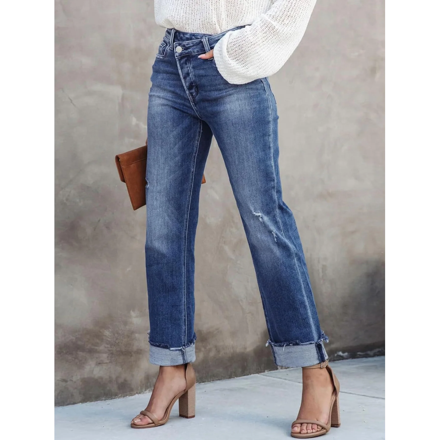 Damskie spodnie Y2k, modne jeansy z wysokim stanem, podarte, z efektem krzyżowania i elastycznym krojem, luźne jeansy.