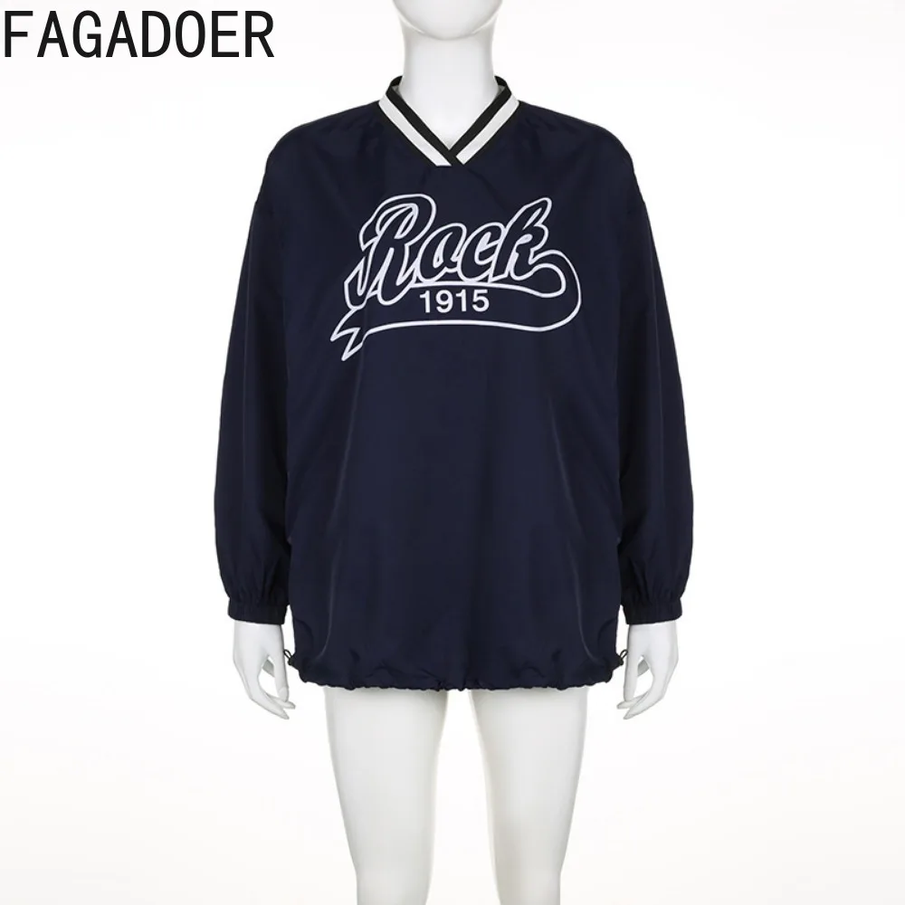 FAGADOER Retro Y2k Letter Print Oversized Sweatshirt Women V-Neck Long Sleeve Drawstring Loose Hoodies Tops Autumn Streetwear