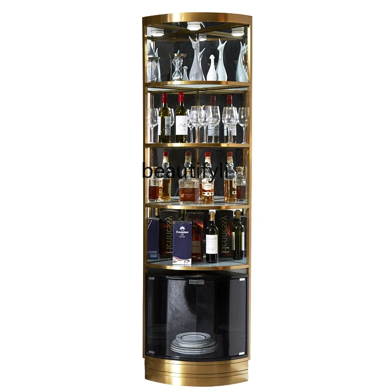 

Light Luxury Stainless Steel Wine Cabinet for Home Living Room Glass Triangle Cabinet Fan-Shaped Corner Wine Cabinet