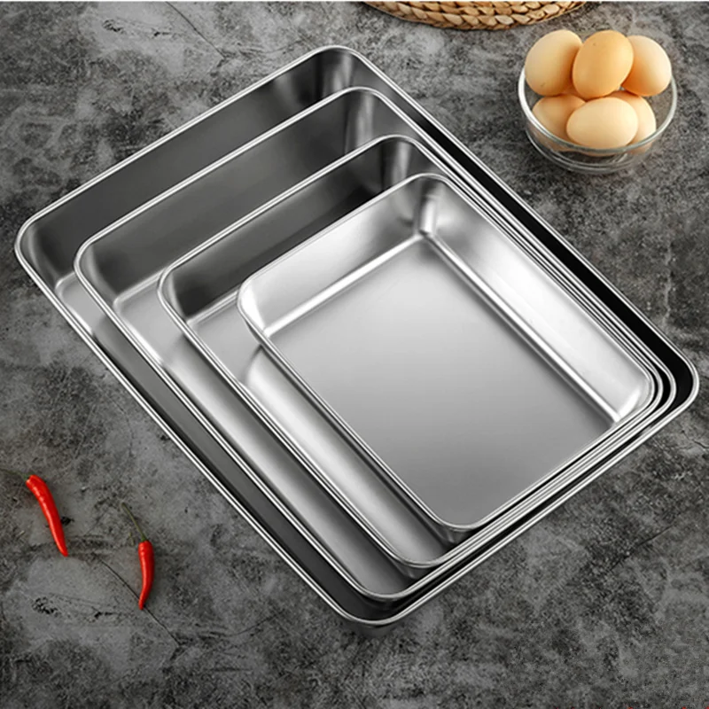 Thicken Stainless Steel Food Storage Tray Rectangular Deep Plates Fruits Bread Cakes Steamed Sausage Dishes Kitchen Cooking Tool