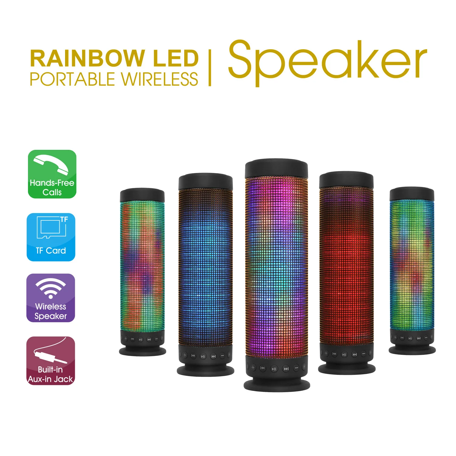 

Портативная беспроводная колонка с динамической RGB-подсветкой, стереозвуком 2x5 Вт, радиусом действия 10 м, временем работы 4 часа, поддержкой TF-карт и AUX для домашних вечеринок и путешествий