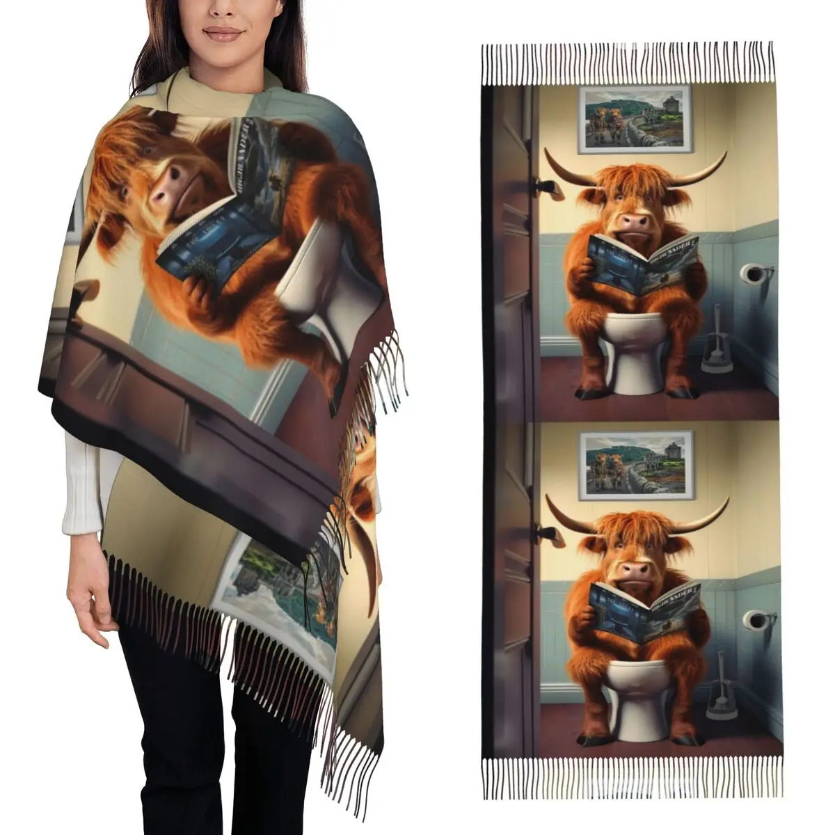 

Highland Cow On The Toilet Highlander Cattle Art Шарф Шарфы с кисточками для женщин Шали и накидки Большая осенне-зимняя шаль