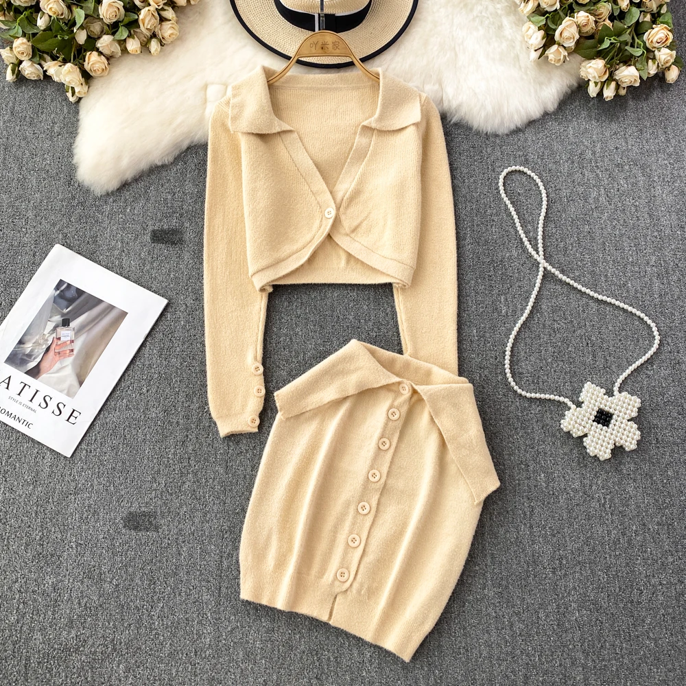 Autumn and Winter New Korean Style Fashion Suit Femininity Long-sleeved Lapel Cardigan + High Waist Bag Hip Skirt Two-piece Set