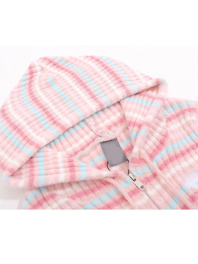 Autumn Winter Woman Korean Fashion Sweet Striped Hoodie Sweater Knitwears Long Sleeve 2000s Aesthetic Y2k Cute Core New Colorful