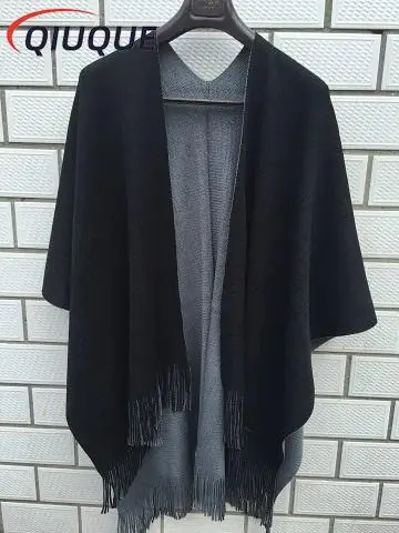 New Fashion Oversized Loose Overwear Knitted Cashmere Poncho Capes Coat Duplex Tassel Shawl Cardigans Women\'s Sweaters