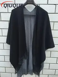 New Fashion Oversized Loose Overwear Knitted Cashmere Poncho Capes Coat Duplex Tassel Shawl Cardigans Women's Sweaters